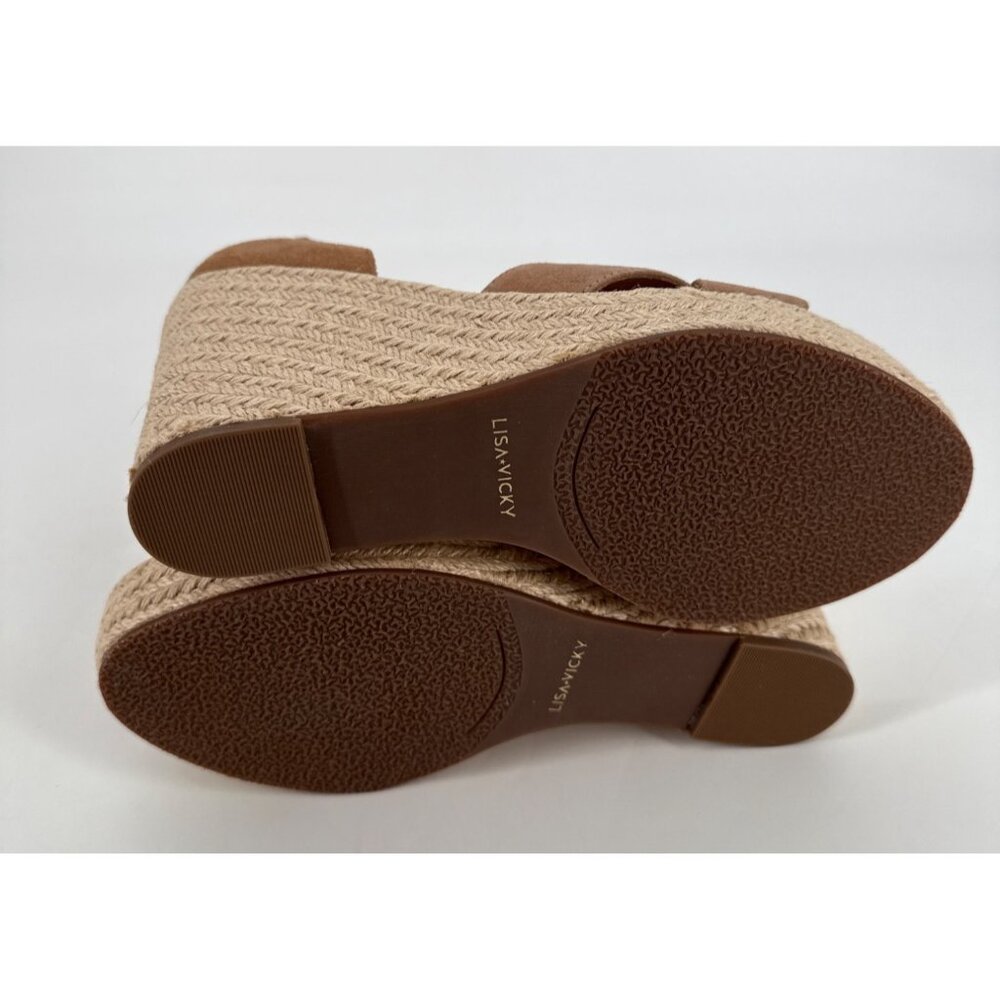 Lisa Vicky Wedge Sandals Cognac Suede 9.5 Cross-Strap Espadrille Heel - Picture 9 of 10